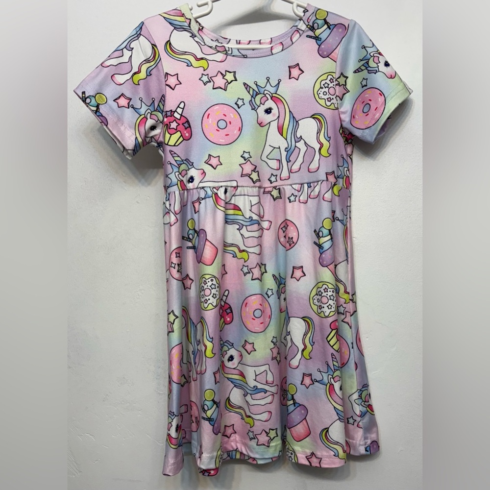 SHEIN Colorful Unicorn & Dessert Print Short Sleeve Dress Girls Size 110 US 4-5